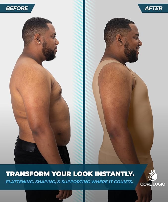 QORE LOGIQ Gynecomastia Compression Shirts for Men - Sleeveless Slimming Undershirts Tummy Control and Body Shaper Tank Top