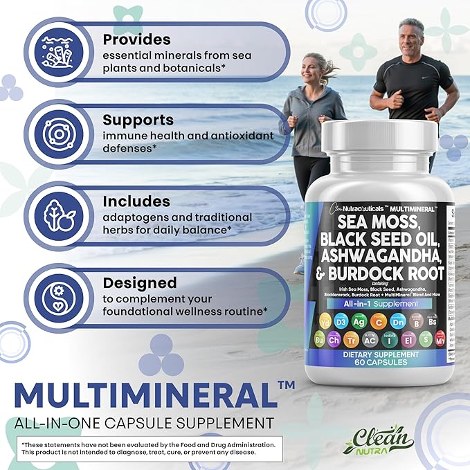 Clean Nutraceuticals Sea Moss Black Seed Oil Ashwagandha Turmeric Bladderwrack Burdock & Vitamin C Vitamin D3 with Elderberry Manuka Dandelion Yellow Dock Iodine Chlorophyll ACV