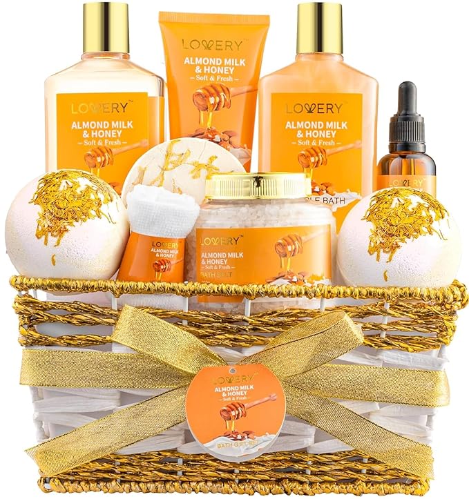 Gifts for Women Gift Basket for Women - 10 Pc Almond Milk & Honey Beauty & Personal Care Set - Valentines Day Gifts for Her Home Bath Package - Spa Self Care Kit - Birthday, Mom, Anniversary Gift