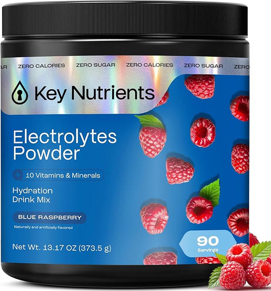 KEY NUTRIENTS Multivitamin Electrolytes Powder No Sugar - Sweet Blue Raspberry Electrolyte Powder - Endurance & Energy Supplement - Hydration Powder - No Calories - 90 Servings - Made in USA