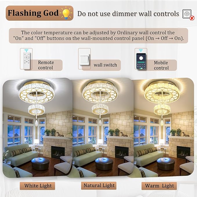 Flashing God Dia 12" Crystal Mini Chandelier Crystal Gold Ceiling Light Fixtures LED Flush Mount Ceiling Light for Living Room Bedrooms Dining Room Dimmable 2700k 4500k 6000k