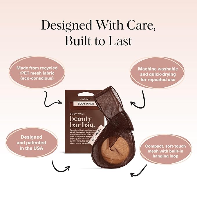 Kitsch Bar Soap Saver Bag – Patented Mesh Bag Soap Holder for Body Wash Bar - Extends Use & Prevents Soggy Mess - Recycled Mesh Beauty Pouch, Eco-Friendly – Chocolate