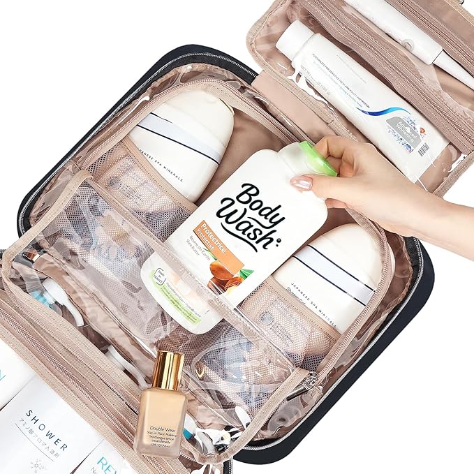 NISHEL Travel Toiletry Bag for women, Portable Hanging Organizer for Family-Sized Shampoo, Conditioner, Brushes Set, Makeup Accessories, Extra Large Size, Black