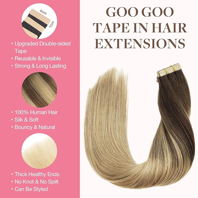 GOO GOO Tape in Hair Extensions Human Hair, 4/18 Balayage Chocolate Brown Highlighted Dirty Blonde, 24inch 100g 40pcs, Skin Weft Seamless Invisible, Silky Straight with Thick Ends, Remy Human Hair