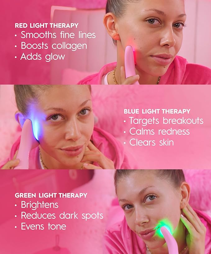 REVO Genie | 3-in-1 Face & Neck Beauty Massager with Heat, 3 Light Therapies, Smart Vibration | Red Light, Blue Light, Green Light Therapy for Smooth Glowing Skin - Pink Pearl