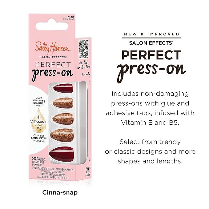 Sally Hansen Salon Effects Perfect Press-On Nails | Almond Shape | Easy to Apply, Non-Damaging | 30 Nails, Nail Glue, Adhesive Tabs, File | Cinna-Snap