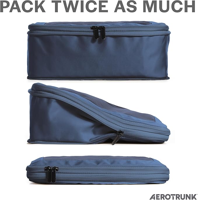Aerotrunk Compression Packing Cubes for Travel - Luggage Organizer Bags - Double Zipper Packing Cubes for Suitcases (4-Pack, Dark Blue)