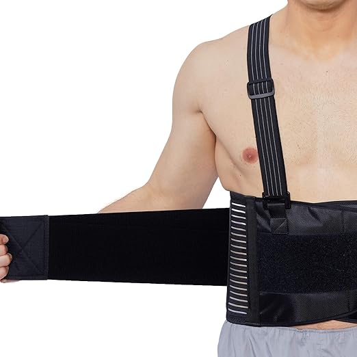 NeoTech Care Back Brace with Suspenders for Work - Industrial Lifting Safety, Elastic Compression, Hook & Loop Closure (Charcoal, Size XL)