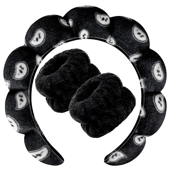 Zkptops Spa Headband for Washing Face Wristband Set Sponge Makeup SkincareVelvet Fabric Bubble Soft Get Ready Hairbands for Women Puffy Headwear Non Slip Thick Thin Hair Accessory (Black Nuts)
