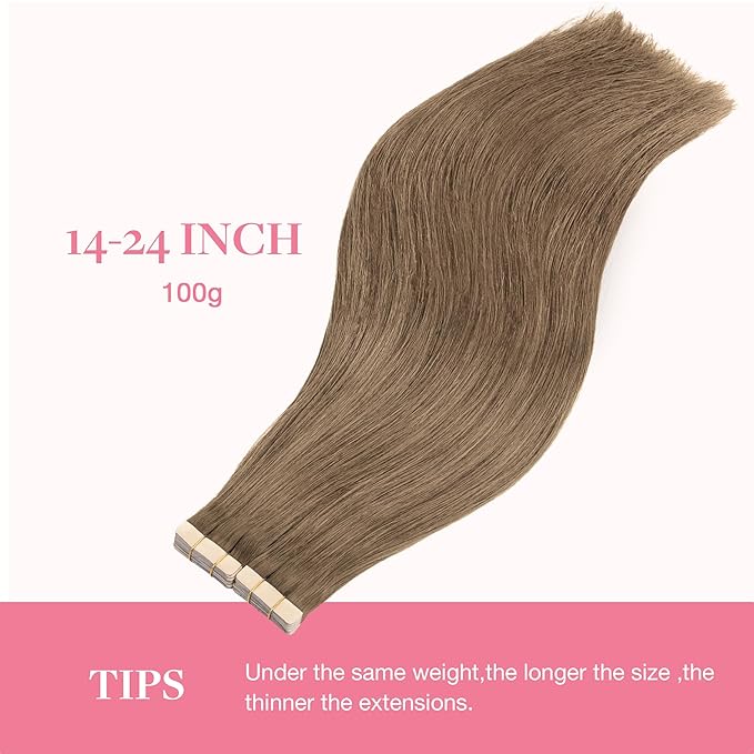GOO GOO Tape in Hair Extensions Human Hair, 5 Light Ash Brown, 24inch 100g 40pcs, Skin Weft Seamless Invisible, Silky Straight with Thick Ends, Remy Human Hair