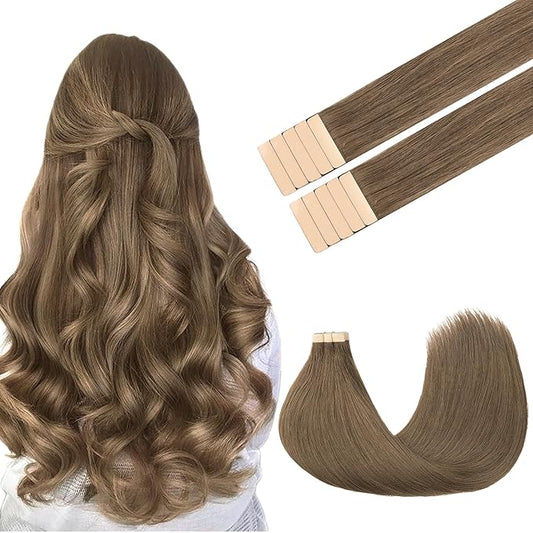 GOO GOO Tape in Hair Extensions Human Hair, 5 Light Ash Brown, 18inch 25g 10pcs, Skin Weft Seamless Invisible, Silky Straight with Thick Ends, Remy Human Hair