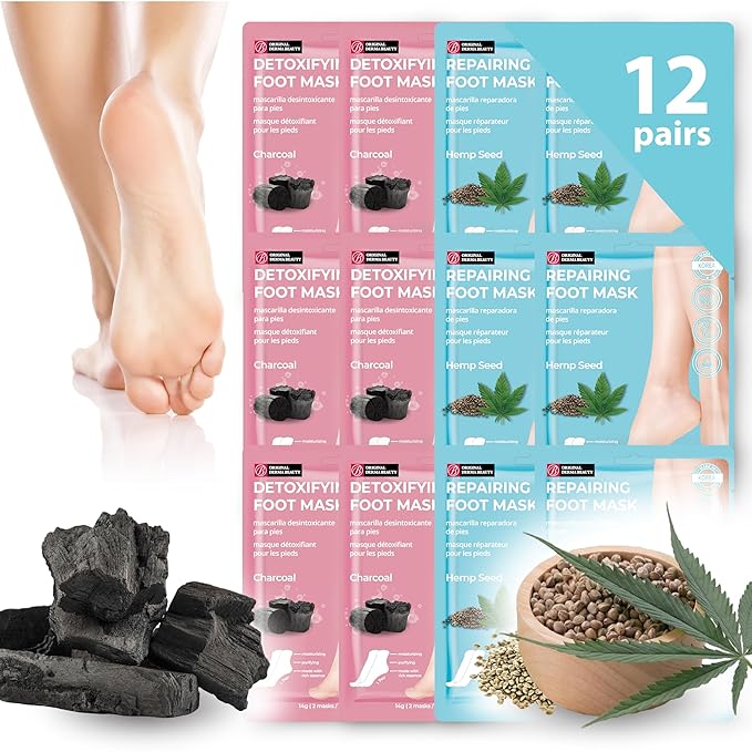 Innerest Original Derma Beauty Foot Mask 12 Pairs Hemp Seed + Charcoal Moisturizing Foot Mask Foot Masks Callus Remover Pedicure Supplies