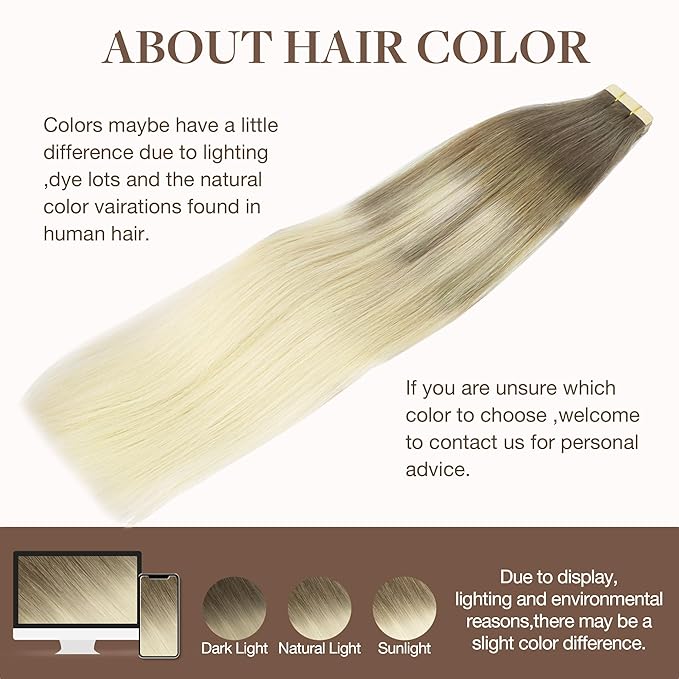 GOO GOO Tape in Hair Extensions Human Hair, 9/60 Balayage Ash Brown to Platinum Blonde, 24inch 50g 20pcs, Skin Weft Seamless Invisible, Silky Straight with Thick Ends, Remy Human Hair