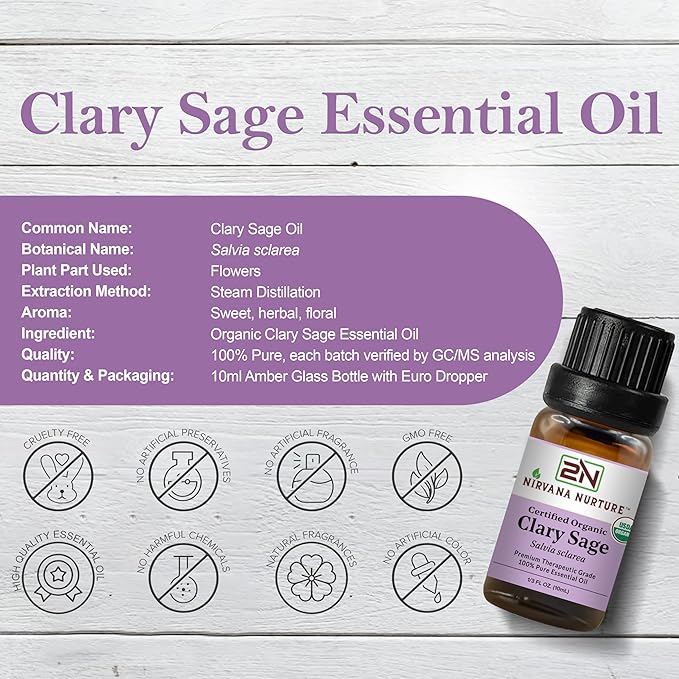 Clary Sage Essential Oil USDA Certified Organic, 100% Pure Natural Premium Grade, Undiluted