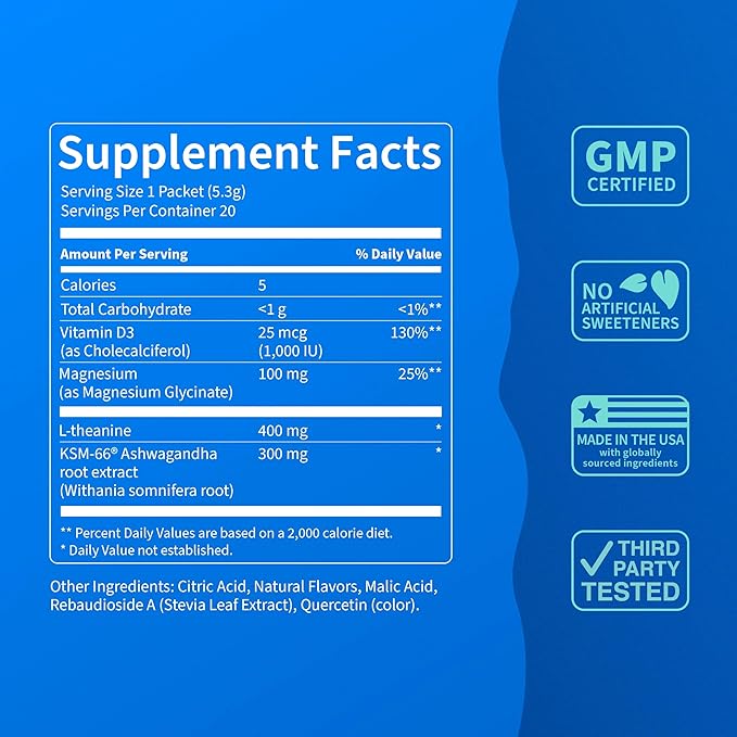 Nello Supercalm Powdered Drink Mix, Cortisol Reducer* and Sleep Aid Supplement, L Theanine, Ksm-66 Ashwagandha, Magnesium Glycinate, Vitamin D 3, No Sugar, Non GMO, On The Go, 20 Ct, Lemon Lime