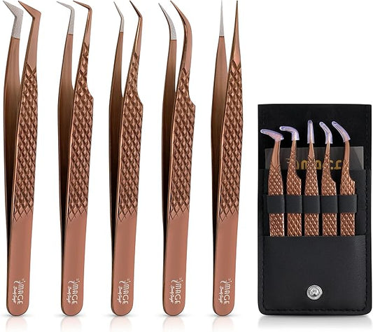 5 Pcs Fiber-Tip Japanese Steel Lash Tweezer Set with Leather Case, Professional Eyelash Tweezers for Lash Extensions – Titanium Coated, 90 & 45 Angled, Precision Pointed Tweezers (METALIC-ROSE)