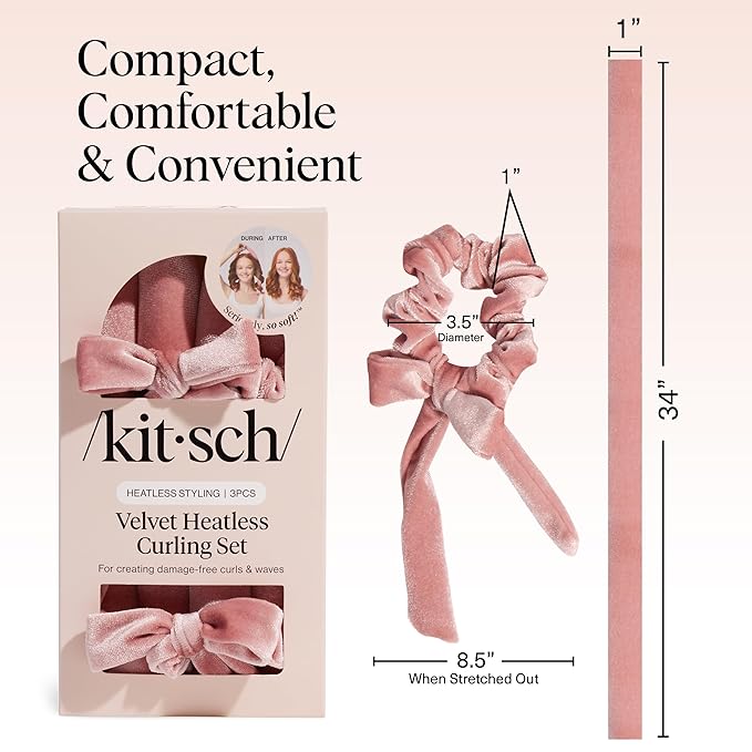 Kitsch Velvet Heatless Curling Set – Hair Curler to Sleep In for Heatless Curls Overnight - Heatless Hair Curler for Women – No Heat Damage Hair Styling Tool with 2 Velvet Scrunchies – Terracotta