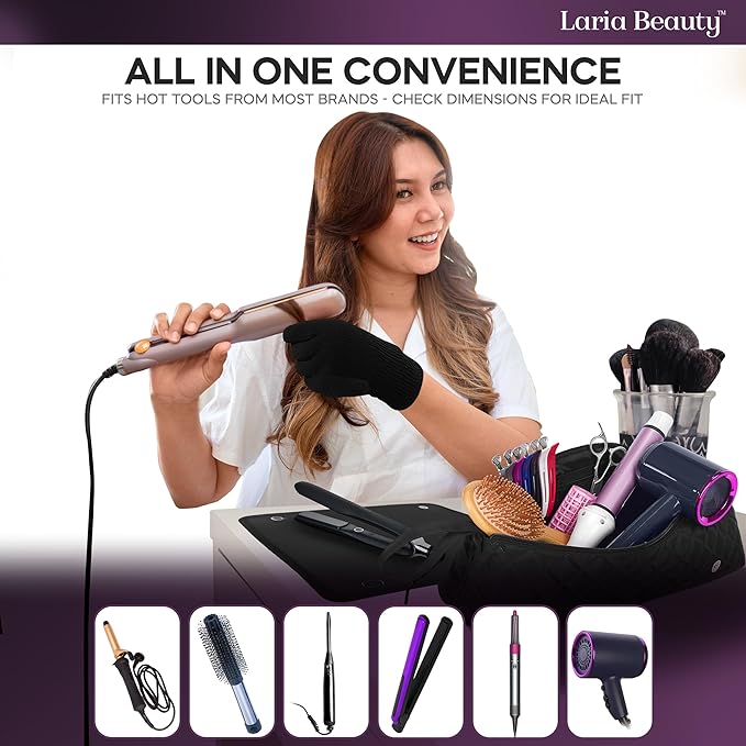 2-in-1 Hot Hair Tools Travel Bag, Removable Heat-Resistant Silicone Mat, Clear Pockets for Accessories, Protects Surfaces from Burns, Ideal for Curling & Flat Irons, Includes Heat-Resistant Glove