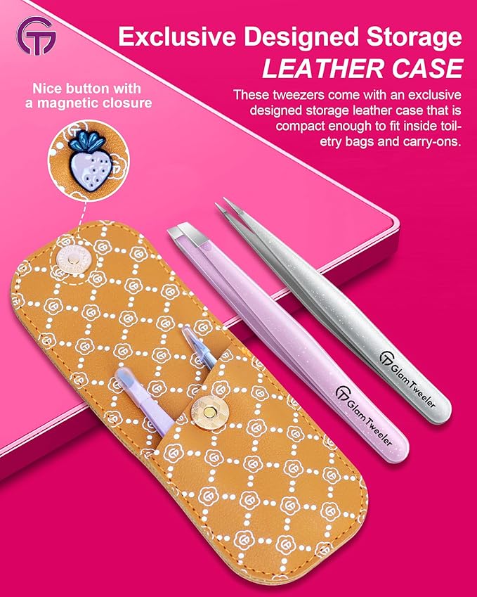 Expert Slant and Point Tip Tweezer Set with Exclusive Storage & Carrying Case, GlamTweeler Sharp & Precision Tweezer Set for Eyebrows, Facial Hairs & Fine Hairs Removal (Sparkle Baby Pink + Silver)
