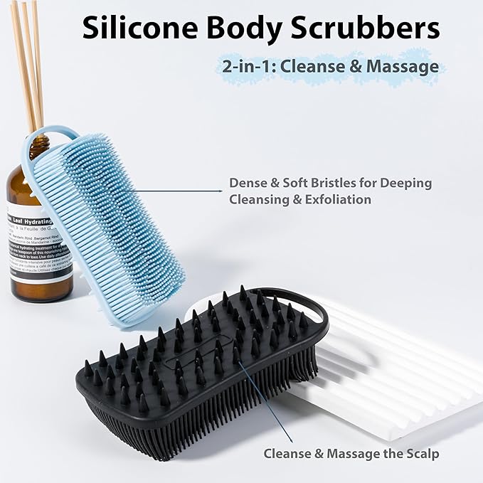 2 PC Silicone Body Scrubber, 2 in 1 Exfoliating Shower Bath Scrubber, Soft Silicone Loofah for Sensitive Skin, Shower Hair Scalp Massager, Easy to Clean, Lather Well (Blue&Black)