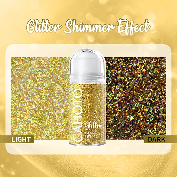 CAHOTO Gold Rolling Glitter for Face Body & Hair, Sparkling Holographic Chunky Shimmer, Roll-on Sequins for Singer Concert Mardi Gras Rave Festival Halloween Party Carnival, 1.35fl.oz