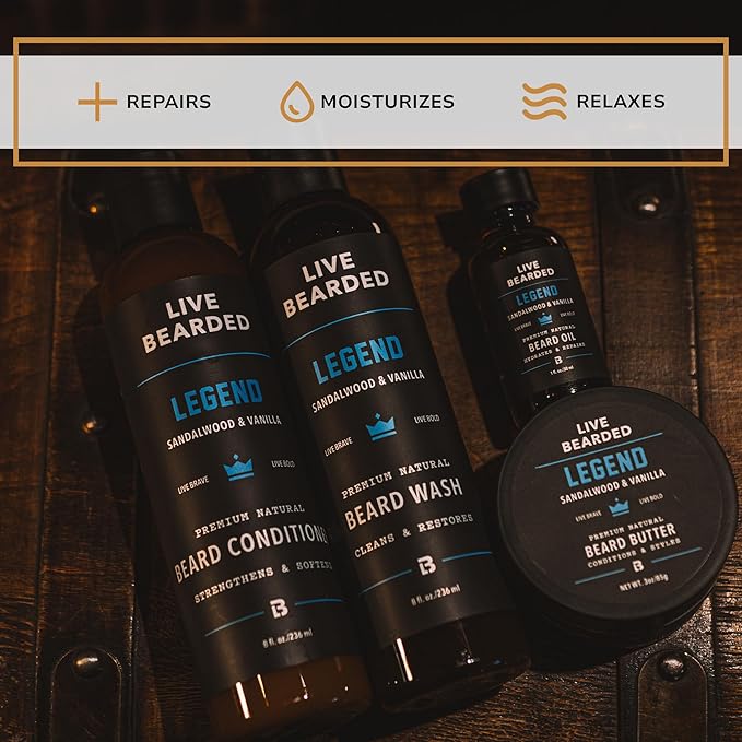 Live Bearded Complete Beard Grooming Kit - Wash, Conditioner, Butter and Oil - Made in the USA with All-Natural Ingredients - Mens Groom Set | Legend Scent - Sandalwood, Vanilla