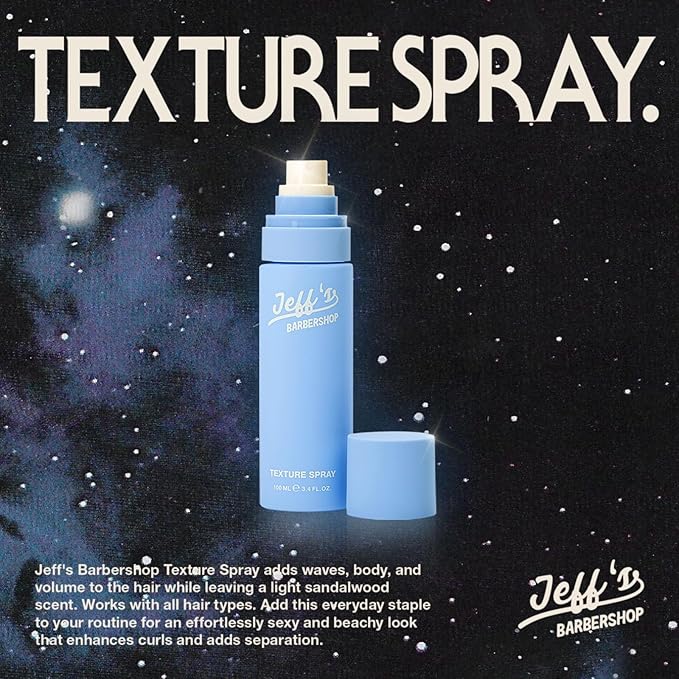 Jeff's Barbershop Sea Salt Texture Hair Spray, Sandalwood - Texturizing & Thickening Volumizer for Men & Women - Light Hold, Textured Finish for Body, Volume & Waves (3.4 fl oz/100ml)