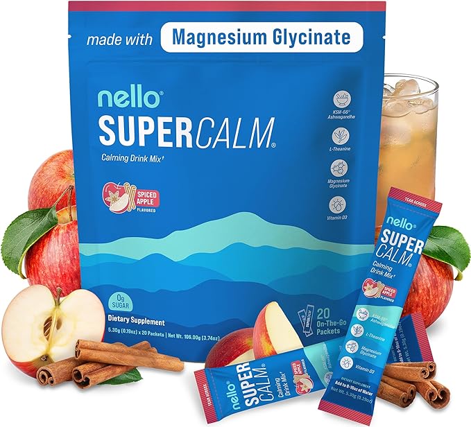 Nello Supercalm Powdered Drink Mix, Cortisol Reducer* and Sleep Aid Supplement, L Theanine, Ksm-66 Ashwagandha, Magnesium Glycinate, Vitamin D 3, No Sugar, Non GMO, On The Go, 20 Ct, Spiced Apple