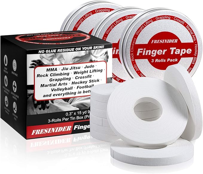 FRESINIDER Finger Tape - Strong Athletic Tape | 0.3” x 45 Feet (9 Pack) Tin Set | No Sticky Residue | for Rock Climbing, BJJ Jiu Jitsu, Grappling, Judo, MMA, Rock Climbing and Martial Arts (White)