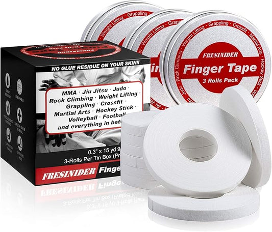 FRESINIDER Finger Tape - Strong Athletic Tape | 0.3” x 45 Feet (9 Pack) Tin Set | No Sticky Residue | for Rock Climbing, BJJ Jiu Jitsu, Grappling, Judo, MMA, Rock Climbing and Martial Arts (White)