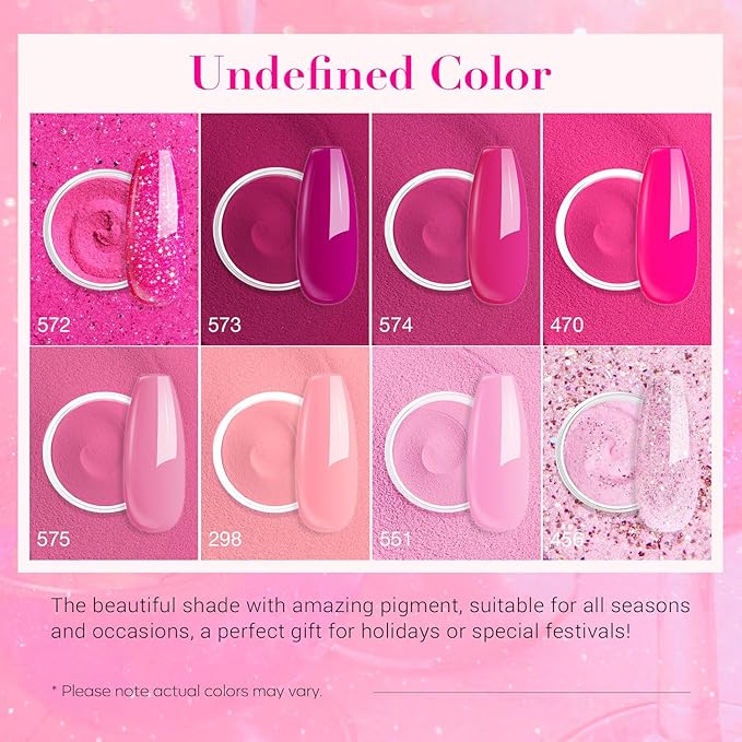 AZUREBEAUTY Dip Powder Nail Starter Kit with Matte Coat, 8 Hot Pink Glitter Neon Summer Color, Dipping Powder Liquid Set with Base/Top Coat/ Activator/10 Nail Sticks Salon at Home Valentine's Day Gift