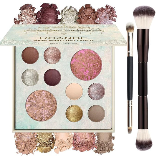 UCANBE Full Size Baked Makeup Palette Set - Include Blush, Bronzer, 8 Eyeshadows & Brushes, Pigmented All-in-One Face & Eye Compact Powder Beauty Valentine Gift Kit for Starter & Pros, Travel Friendly