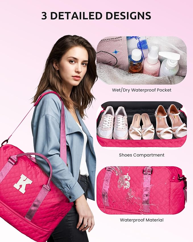 Bags for Girls, Birthday Gift-Initial Travel Bag with Shoe Compartment, Personalized Weekender Bag, Monogram Overnight Bag for Women, Letter Travel Bag with Makeup Bag (Letter E)