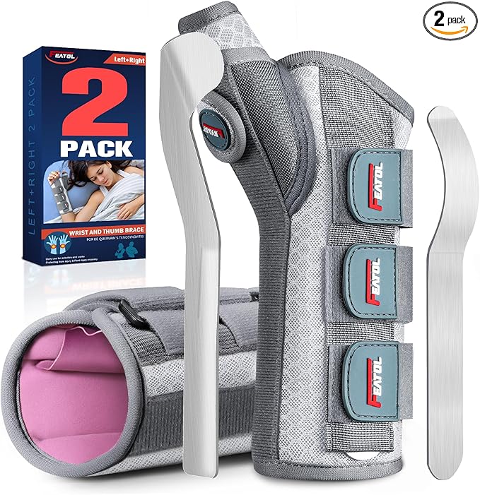 FEATOL 2 Pack Wrist Brace with Thumb Spica Splint for De Quervain's Tenosynovitis, Carpal Tunnel, Tendonitis, Arthritis-Thumb Brace for Pain Relief-Left & Right-M/L-White Pink