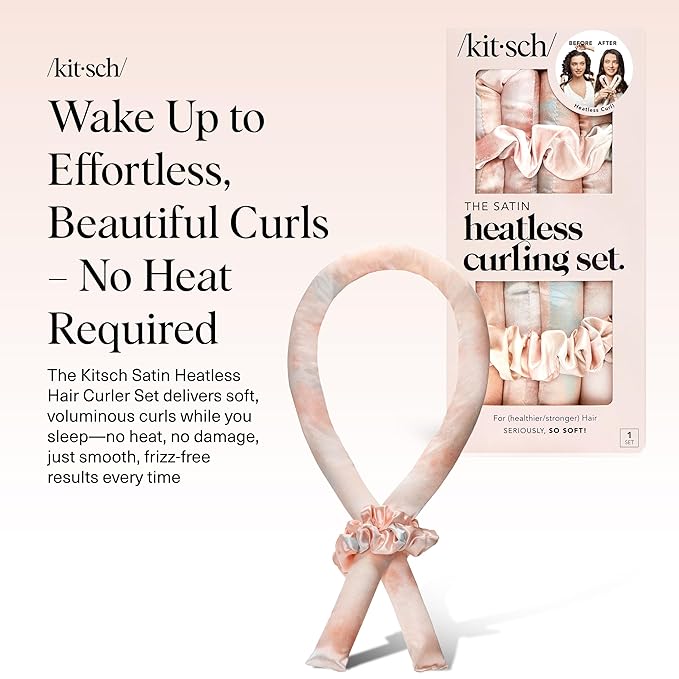 Kitsch Satin Heatless Curling Set – Heatless Curls Overnight with 34" Hair Curler & 2 Satin Scrunchies – Comfortable Hair Curlers to Sleep In for Frizz-Free, No Heat Damage Styling - Sunset Tie Dye