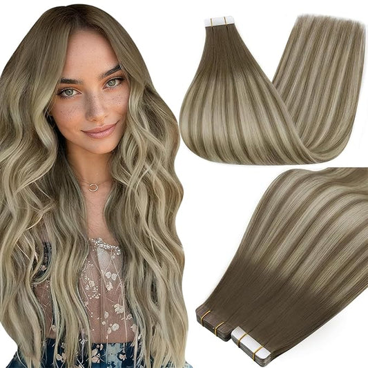 Full Shine Tape ins Human Hair Extensions Color 7 Brown Fading to 1000 Blonde And 7 Tape in Hair Extensions Human Hair 12Inch Short Tape Hair Extension Real Human Hair 30G Seamless Extensions 20Pcs