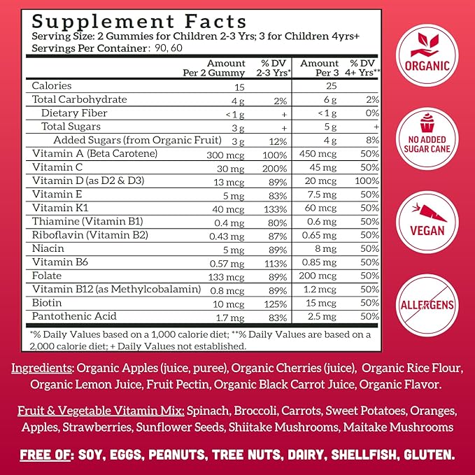 Llama Naturals Kids Multivitamin Gummies | Real Fruit, No Added Sugar Cane | Organic Vegan Toddler Whole Food Vitamins | Vitamin D, C & Beta Carotene Gummy Supplement | Cherry 180 Ct (2-3 Months)