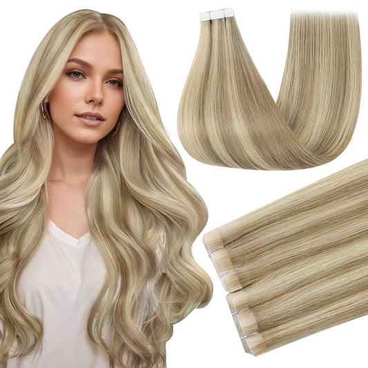 Full Shine Blonde Tape in Hair Extensions Color 16 Highlight 22 Blonde Remy Injection Tape Hair Extensions Real Human Hair 16Inch Travel Friendly Styling 40G Seamless Skin Weft Natural Straight 20Pcs