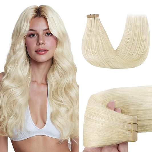GOO GOO Tape in Hair Extensions Human Hair, 1000 Pure Platinum Blonde, 18inch 50g 20pcs, Skin Weft Seamless Invisible, Silky Straight with Thick Ends, Remy Human Hair
