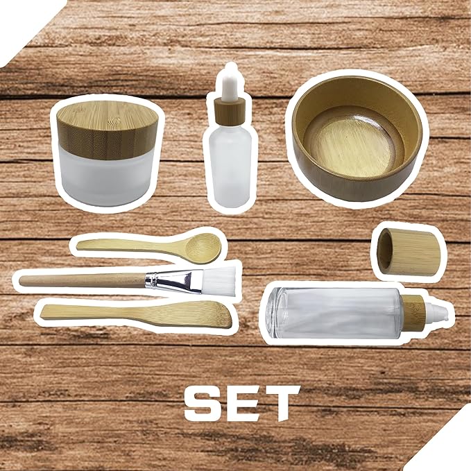 Face Mask Mixing Bowl Set Bamboo,7 Pcs DIY Facemask Mixing Tool Kit with Facial Mask Bowl,Spatula,Spoon,Brush,Empty Refilable Lotion Pump Bottle,Cream Jar and Dropper Bottle for Skincare