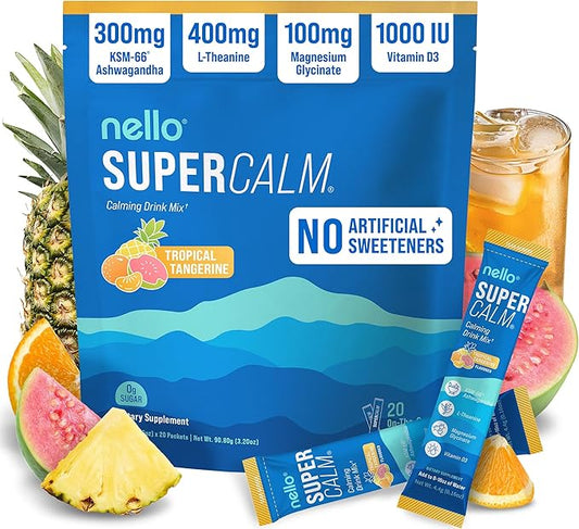 Nello Supercalm Powdered Drink Mix, Cortisol Reducer* and Sleep Aid Supplement, L Theanine, Ksm-66 Ashwagandha, Magnesium Glycinate, Vitamin D 3, No Sugar, Non GMO, 20 Ct, Tropical Tangerine