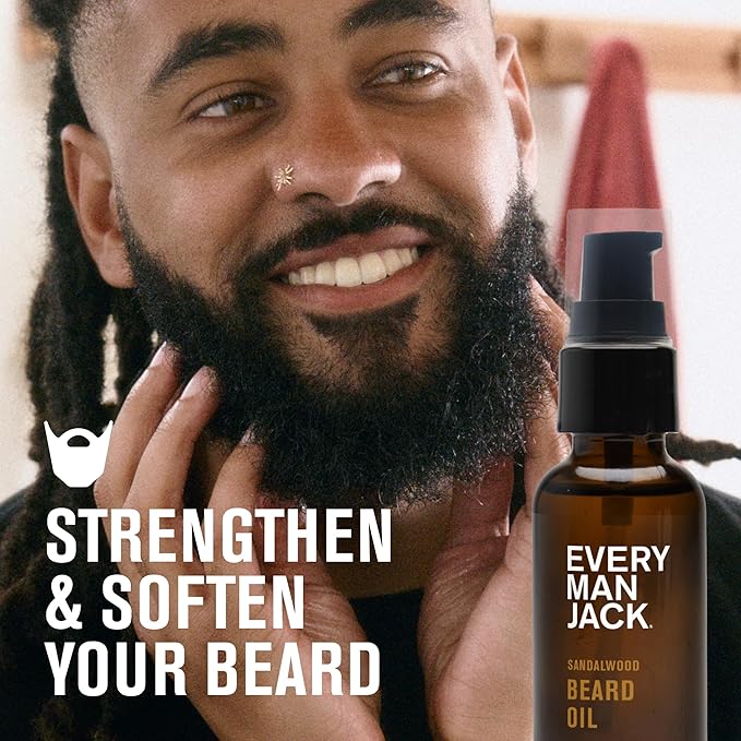 Every Man Jack Sandalwood Beard Oil - Moisturize & Soften Your Beard - Relieve Itch and Flakes - Made w/Naturally Derived Ingredients like Vitamin E, Argan Oil, and Borage Oil - 1 oz - 2 Pack