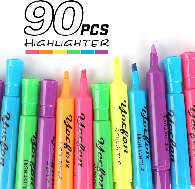 Yocfon Highlighters 90 Pack, Chisel Tip, Tank Style Highlighters Assorted Fluorescent Colors, 6 Bright Colors Highlighter Markers for Coloring, Highlighting as School Supplies