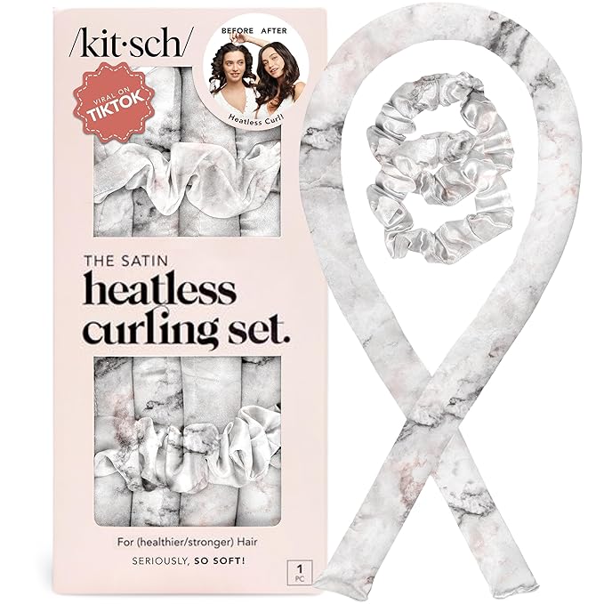 Kitsch Satin Heatless Curling Set – Heatless Curls Overnight with 34" Hair Curler & 2 Satin Scrunchies – Comfortable Hair Curlers to Sleep In for Frizz-Free, No Heat Damage Styling - Marble