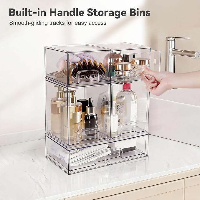 Clear Stackable Storage Drawers, Pull-Out Makeup Organizer, Transparent Baby Bottle Organizer, Storage Bins Suitable for Vanity Tables, Bathrooms, Kitchens (5-Piece Set)