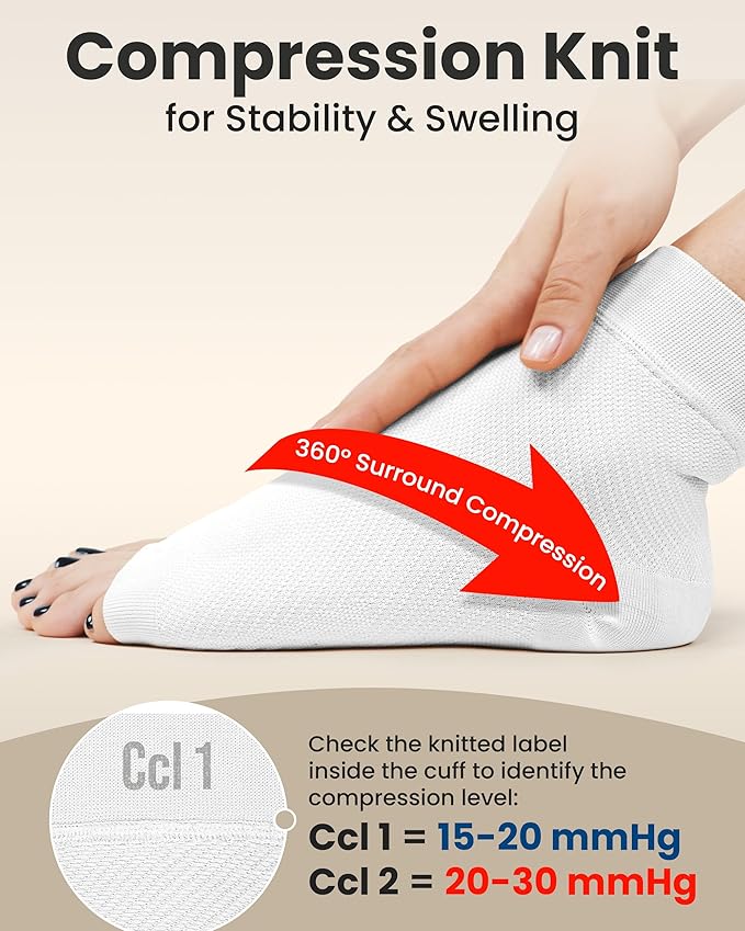 KEMFORD Ankle Compression Sleeve - 1-Pair, Plantar Fasciitis Braces - Open Toe Compression Socks for Swelling, Sprain, Neuropathy, Foot Arch Support for Men and Women - 20-30mmhg, L, White and Black