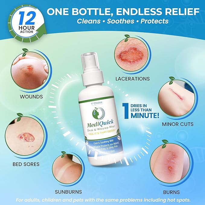 MediQuick Hypochlorous Acid Spray Mist, Antiseptic Spray for Skin & Wound Care, No-Sting, 4 oz