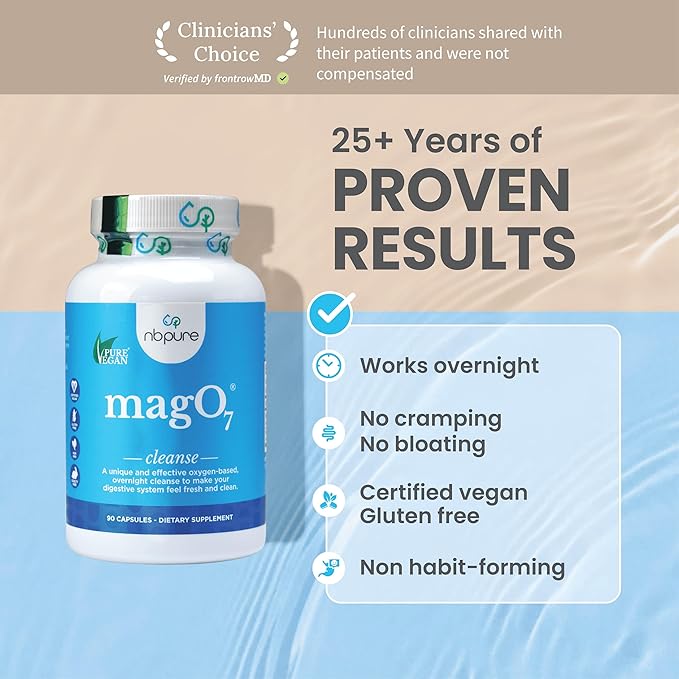 nbpure MagO7 - Natural Colon Cleanse & Detox - Occasional Constipation Relief, Stool Softening, & Bloating Support for Men & Women - Ozonated Magnesium Oxide, 180 Capsules