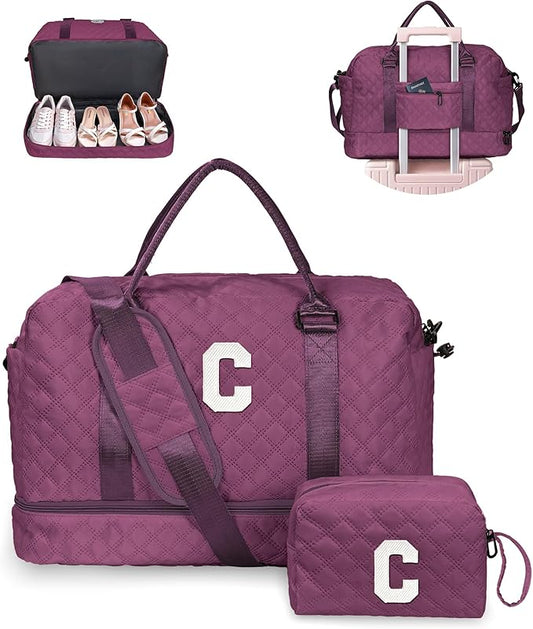 Easter Gift-Stuff for Girls 10-12-Initial Travel Bag with Shoe Compartment, Personalized Weekender Bag, Monogram Overnight Bag for Women, Letter Girls Travel Bag with Makeup Bag (Letter C)