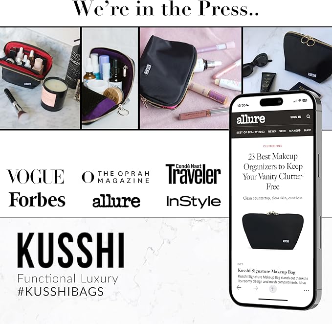 KUSSHI Washable Travel Makeup & Cosmetic Bag - Brush Organizer Sold Separately (Signature, Satin Black/Red)